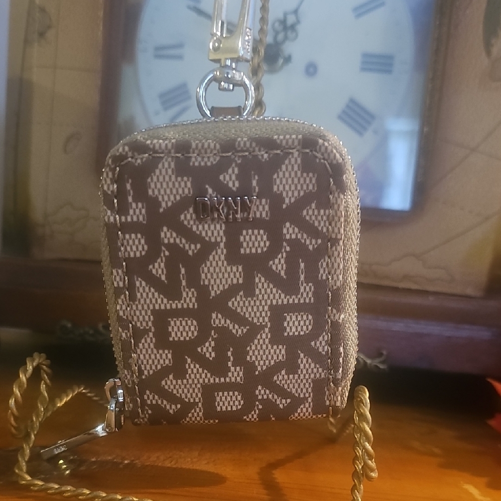 DKNY Mini Tan Monogram Pouch with Stainless Steel DKNY Clip NEW